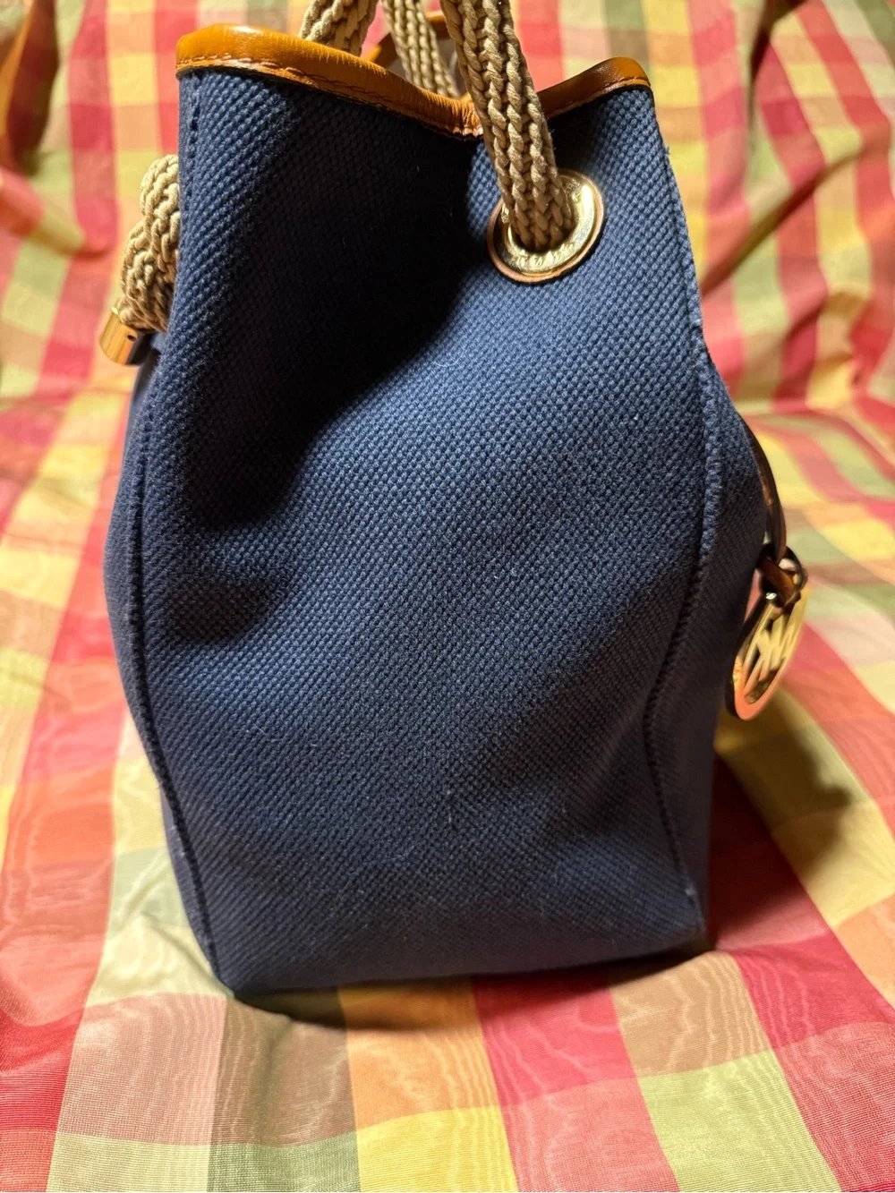 Michael Kors Navy Canvas Shoulder Bag with Tan Trim and Cream Rope Handles